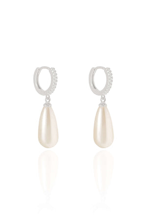 Brinco Argola Cravejada com Pérola Gota Ródio Branco