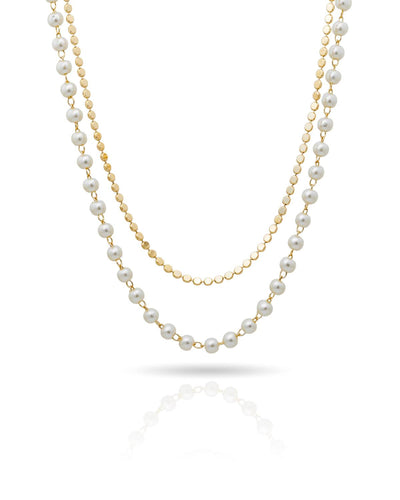Choker Dupla Pérolas e Corrente Plaquinhas Achatadas - 35 cm