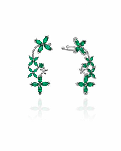 Brinco Ear Cuff Flores Navete Verde Esmeralda Pino e Encaixe