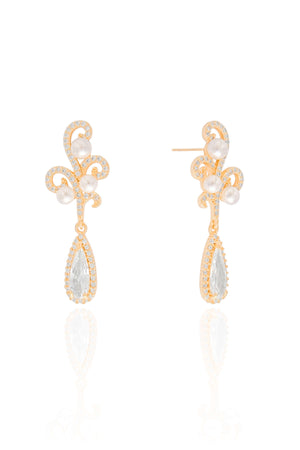 Brinco Ondas Cravejadas com Pérolas e Gota Cristal Banhado a Ouro 18K