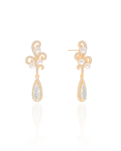 Brinco Ondas Cravejadas com Pérolas e Gota Cristal Banhado a Ouro 18K