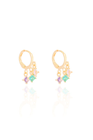 Brinco Argola Quadrados Cravejado Coloridos Banhado a Ouro 18K
