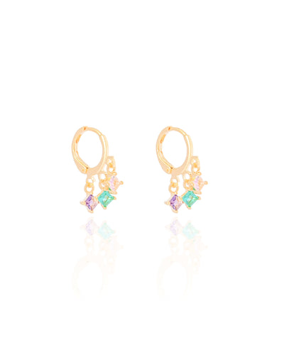 Brinco Argola Quadrados Cravejado Coloridos 1,1 cm Banhado a Ouro 18K
