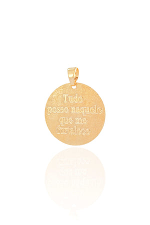 Pingente Redondo Tudo Posso Naquele Que Me Fortalece Banhado a Ouro 18K