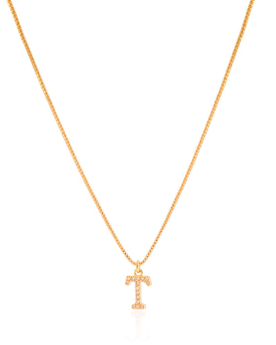 Colar Veneziana Letra T Cravejada Cristal Banhado a Ouro 18K - 45 cm
