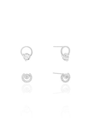 Brinco Duplo Circulo Ponto de Luz e Circulo Cravejado Cristal Ródio Branco