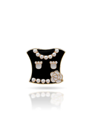Broche Blazer Esmaltado Preto com Pérolas e Flor
