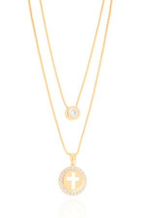Gargantilha Dupla Veneziana Cruz e Ponto de Luz Cristal Banhado a Ouro 18K