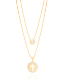 Gargantilha Dupla Veneziana Cruz e Ponto de Luz Cristal Banhado a Ouro 18K