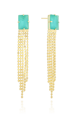 Brinco Retangular Turmalina Franja com Plaquinhas Achatadas Banhado a Ouro 18K