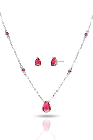 Conjunto Gargantilha Elo Veneziano com Pingente Gota Rubi e Brincos