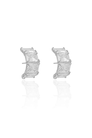 Ear Hook Retângulos Cravejado Cristal Ródio Branco