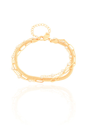 Pulseira Tripla Snake Elos Pérolas Banhado a Ouro 18K