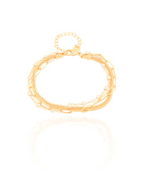 Pulseira Tripla Snake Elos Pérolas Banhado a Ouro 18K