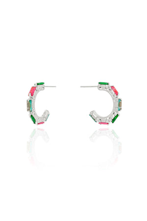 Brinco Argola Detalhada Cristal Colorida Ródio Branco