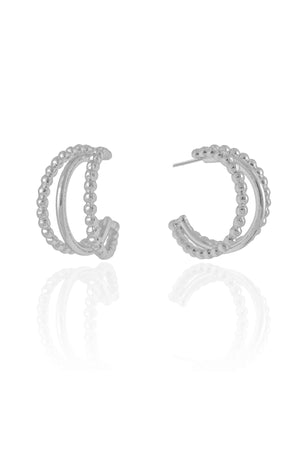 Brinco Meia Argola Três Filetes com Bolinhas Ródio Branco