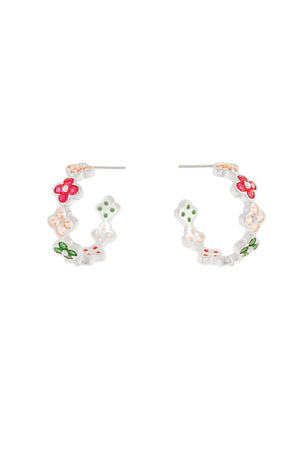 Brinco Argola Flor Colorida Ródio Branco