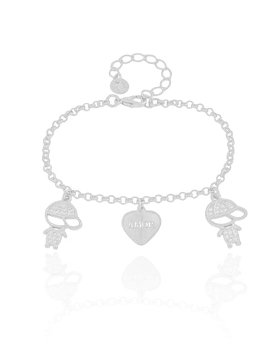 Pulseira Filhos Meninos com Coração Amor Ródio Branco