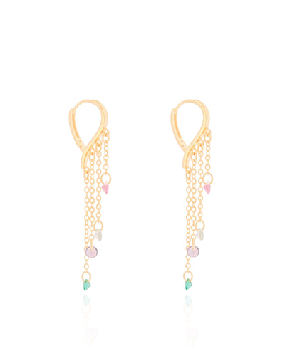 Brinco Argola Gota Franja Ponto de Luz Colorido 6 cm Banhado a Ouro 18K
