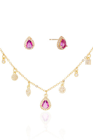 Conjunto com Berloques Cravejados Pingente e Brincos Gota Rosa Fúcsia e Borda Cristal