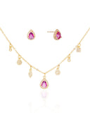 Conjunto com Berloques Cravejados Pingente e Brincos Gota Rosa Fúcsia e Borda Cristal