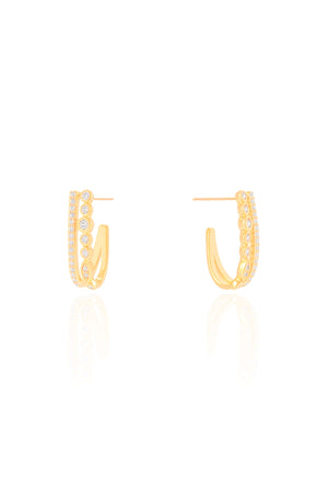 Brinco Argola Dois Filetes Cravejados Cristal 1.9 cm Banhado a Ouro 18K