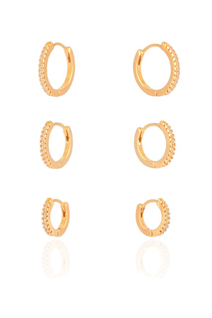 Trio de Argolas Cravejadas Cristal Banhado a Ouro 18K