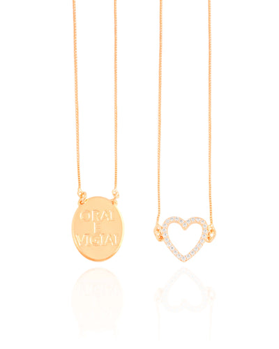 Escapulário Orai e Vigiai Coração Cravejado Cristal Banhado a Ouro 18K - 70 cm