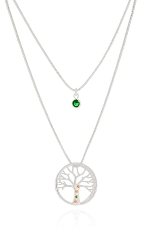 Gargantilha Dupla Árvore da Vida e Ponto de Luz Esmeralda Ródio Branco
