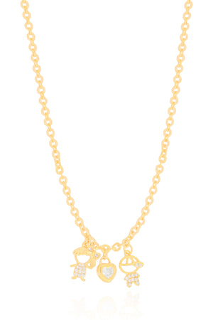 Gargantilha Filhos Menino e Menina com Coração Cravejado Elos Portugueses Banhado a Ouro 18K - 45 cm