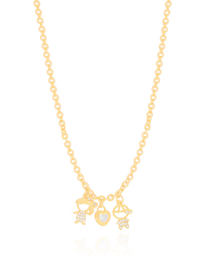 Colar Filhos Menino e Menina com Coração Cravejado Elos Portugueses Banhado a Ouro 18K - 45 cm