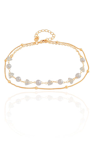 Tornozeleira Dupla Bolinhas Pérolas Cristais Banhado a Ouro 18K