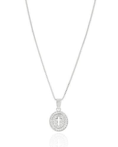 Colar Veneziana Medalha Cruz Borda Cravejada Cristal - 45 cm