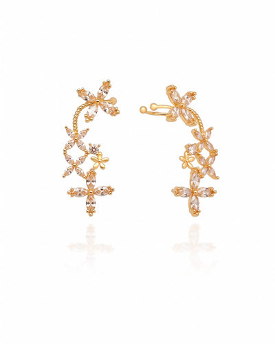 Brinco Ear Cuff Flores Navete Champagne Pino e Encaixe