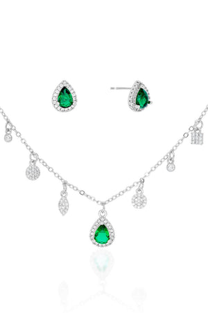 Conjunto Gargantilha com Berloques Cravejados Pingente e Brincos Gota Verde Esmeralda com Borda Cristal