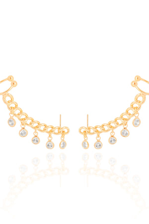 Brinco Ear Cuff Elos Vazados Ponto de Luz Cristal Banhado a Ouro 18K