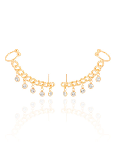 Brinco Ear Cuff Elos Vazados Ponto de Luz Cristal Banhado a Ouro 18K