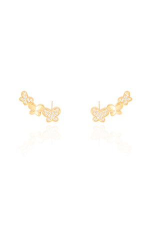 Ear Cuff Borboletas Lisas e Cravejadas Cristal Banhado a Ouro 18K