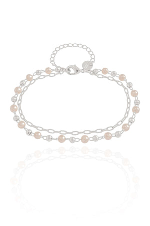 Pulseira Dupla Elos Pérolas Ródio Branco
