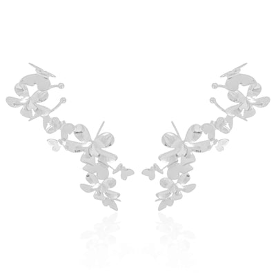 Ear Cuff Flores e Borboletas Ródio Branco