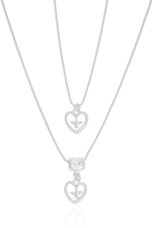 Gargantilha Dupla Corações Espirito Santo Cravejado Cristal Ródio Branco