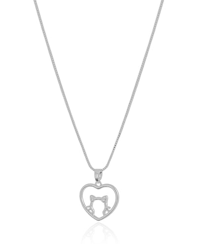 Colar Veneziana Coração Gato Pontos de Luz Cristal Ródio Branco - 45 cm