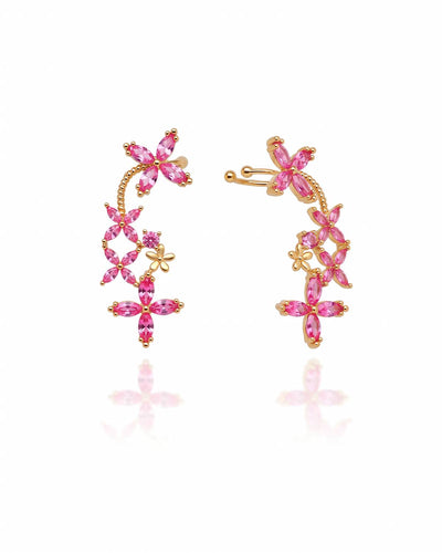 Brinco Ear Cuff Flores Navete Fucsia Rosa Pino e Encaixe