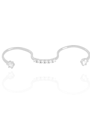 Anel Ajustável Três Dedos Cravejado Cristal Tamanho Único Ródio Branco