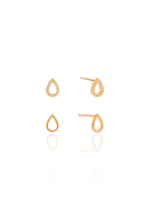 Brinco Duplo Gota Lisa Vazada Cravejado Cristal Banhado a Ouro 18K