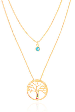 Gargantilha Dupla Árvore da Vida e Ponto de Luz Topázio Banhado a Ouro 18K