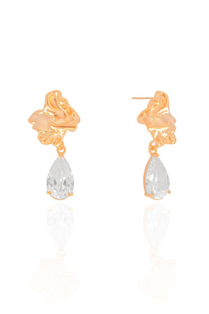 Brinco Orgânico Gota Cristal 3.2 cm Banhado a Ouro 18K