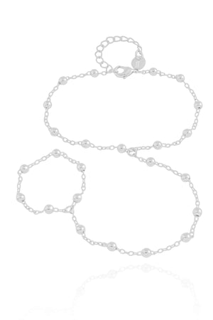 Pulseira Hand Chain Elos Bolinhas 3 mm Ródio Branco