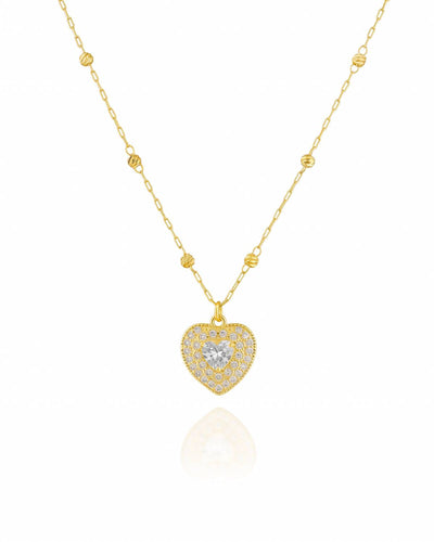 Colar Elos Bolinhas Diamantadas Pingente Coração Cravejado Cristal - 45 cm