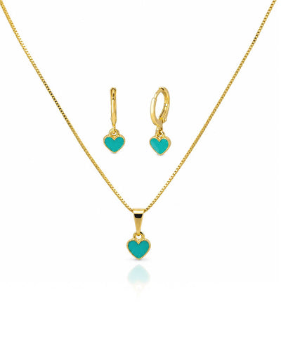 Conjunto Infantil Coração Esmaltado Verde Tiffany